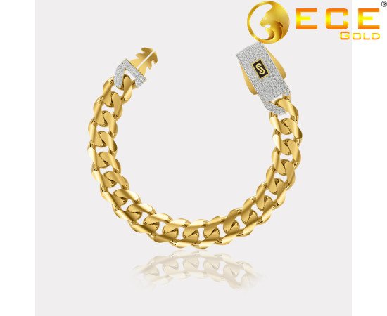 Monaco Chain Sarı Altın Bileklik Taşlı Kilit - 9.50 mm Monaco Chain Sarı Altın Bileklik Taşlı Kilit - 9.50 mm